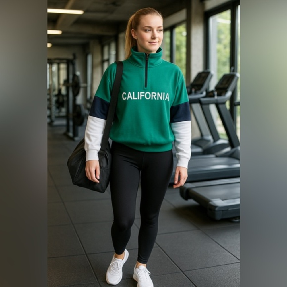 Genetic Apparel ‘California’ graphic,  white, green, navy color block, half zip